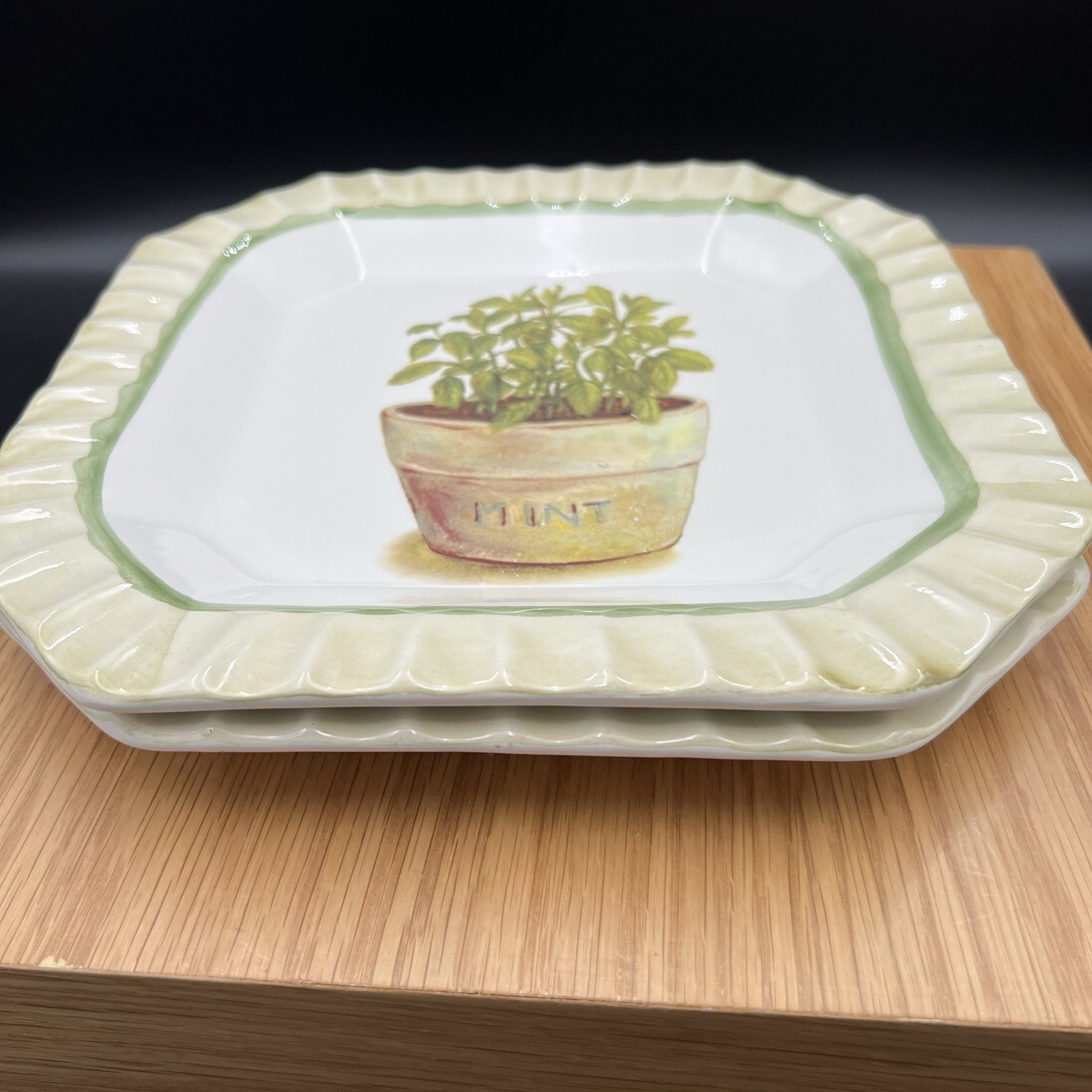 Vintage Ceramica Due Torri Mint Herb Plate Square 9” Italy Set of 2