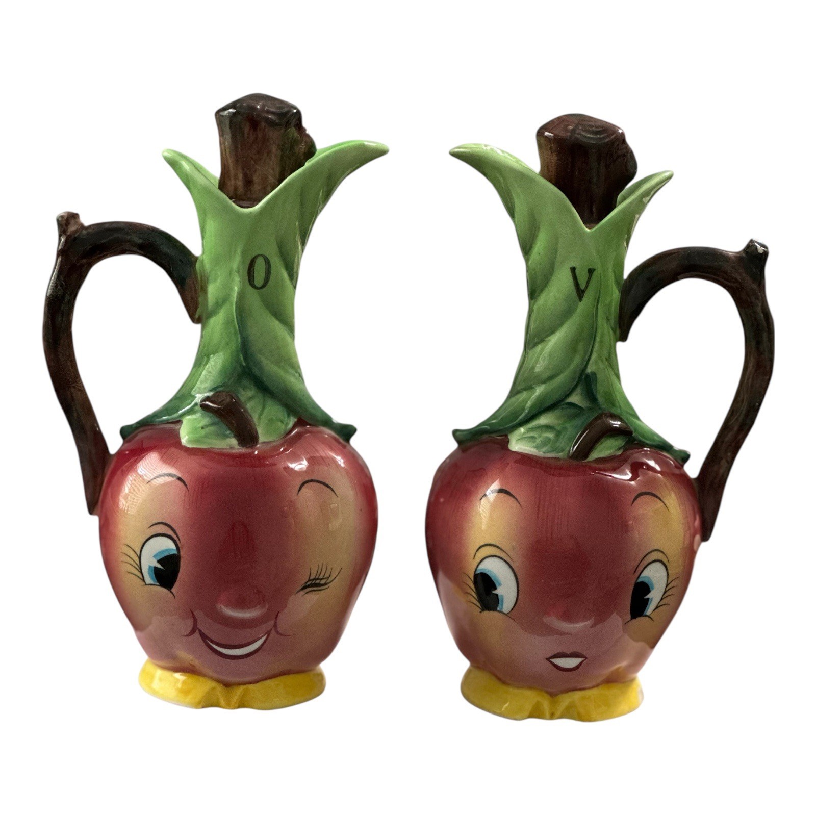 Vintage Anthropomorphic Apple Oil and Vinegar Ceramic Cruet Set PY Japan READ