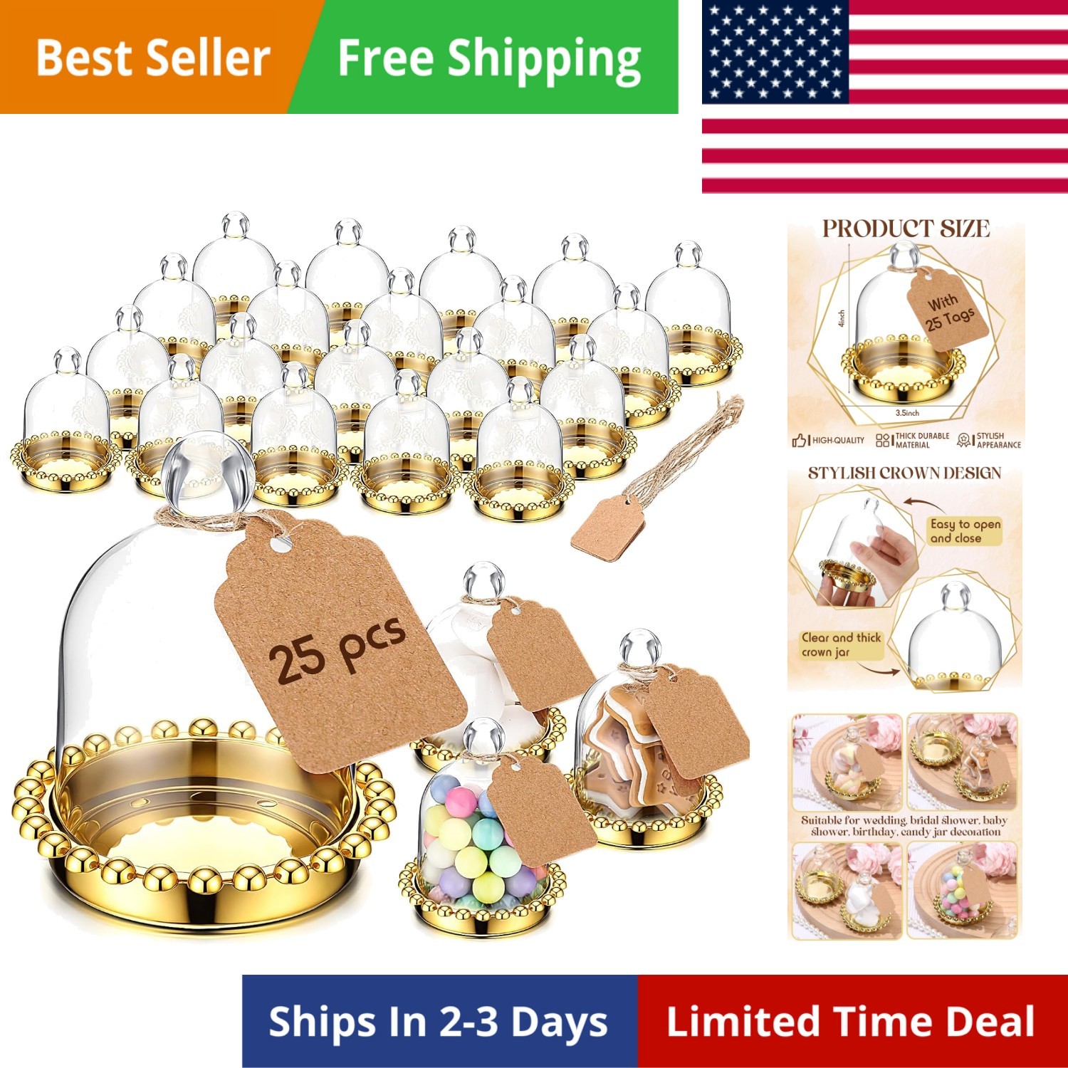 24 Pack 4″ Gold Crown Jar Candy Container Favors with Dome for Wedding, Brida…