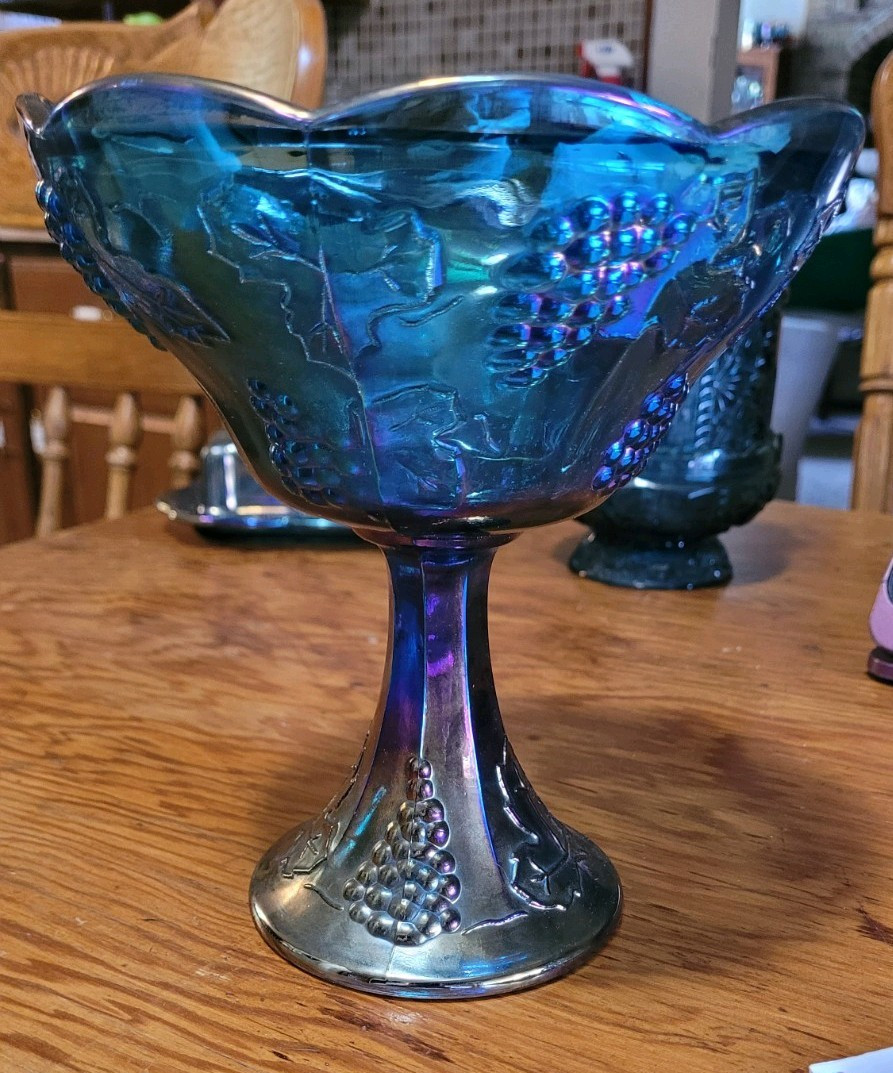 Blue Glass Grape Pattern Pedestal Compote Bowl, Decorative Grapes Theme