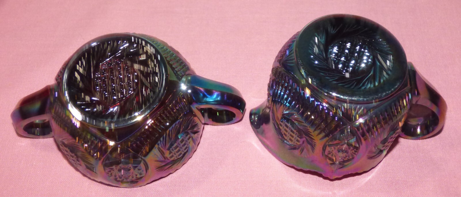 L.E. Smith Amethyst Carnival Glass Creamer and Sugar Bowl Set – Sunburst Pattern