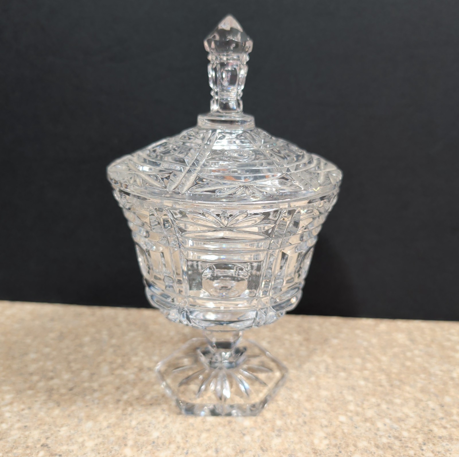 Vintage Crystal Pedestal Candy Dish with Lid Hexagon Base Clear Cut Glass 7″