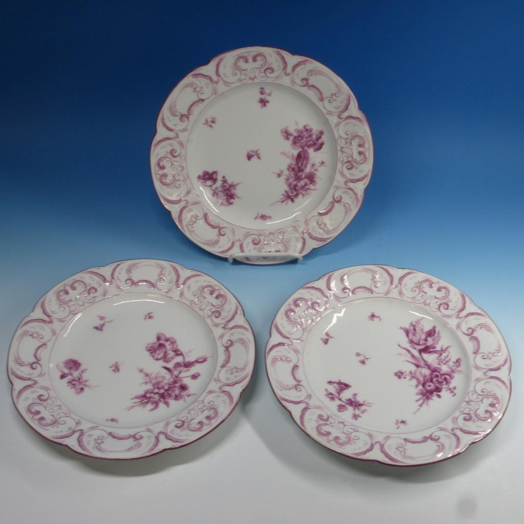 KPM Berlin Porcelain – Purple Flower Decorated – 3 Dinner Plates – 10 1/8 inches
