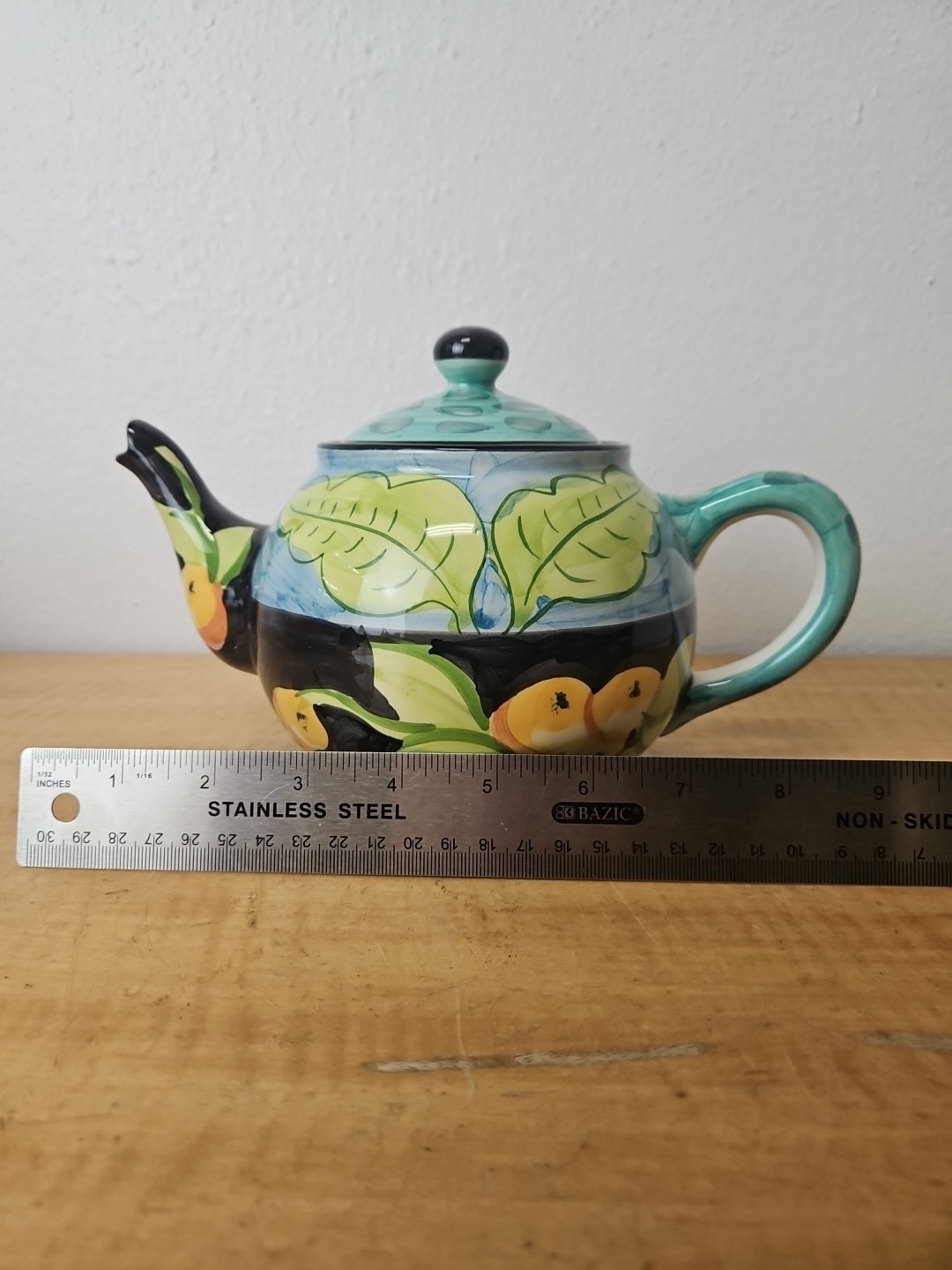 Favanol Teapot Fruit and Leaves Hand Painted Portugal blue, black, teal