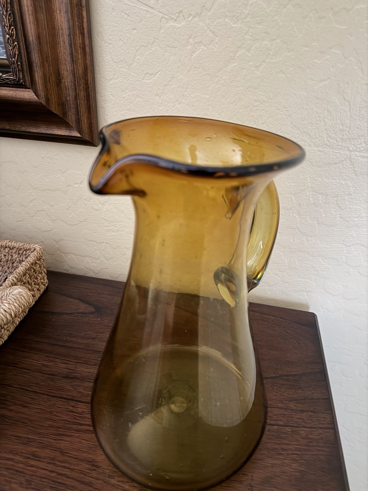 Vintage MCM Blenko Art Amber Glass Pitcher – Hand-Blown – Large Size 10 “