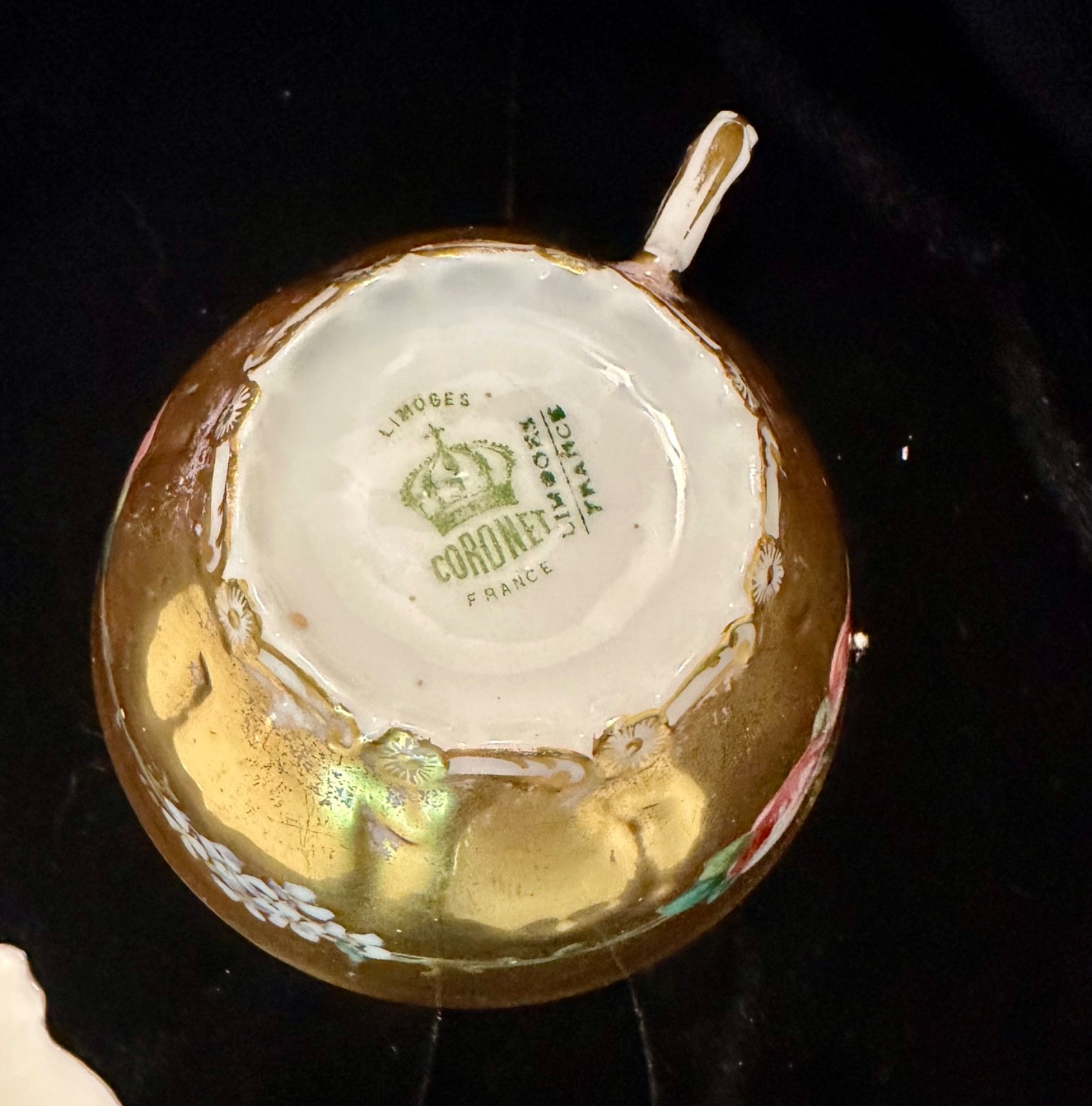 Antique Limoges Coronet Heavy Gold Cabbage Roses Trio Cup Saucer Plate handpaint