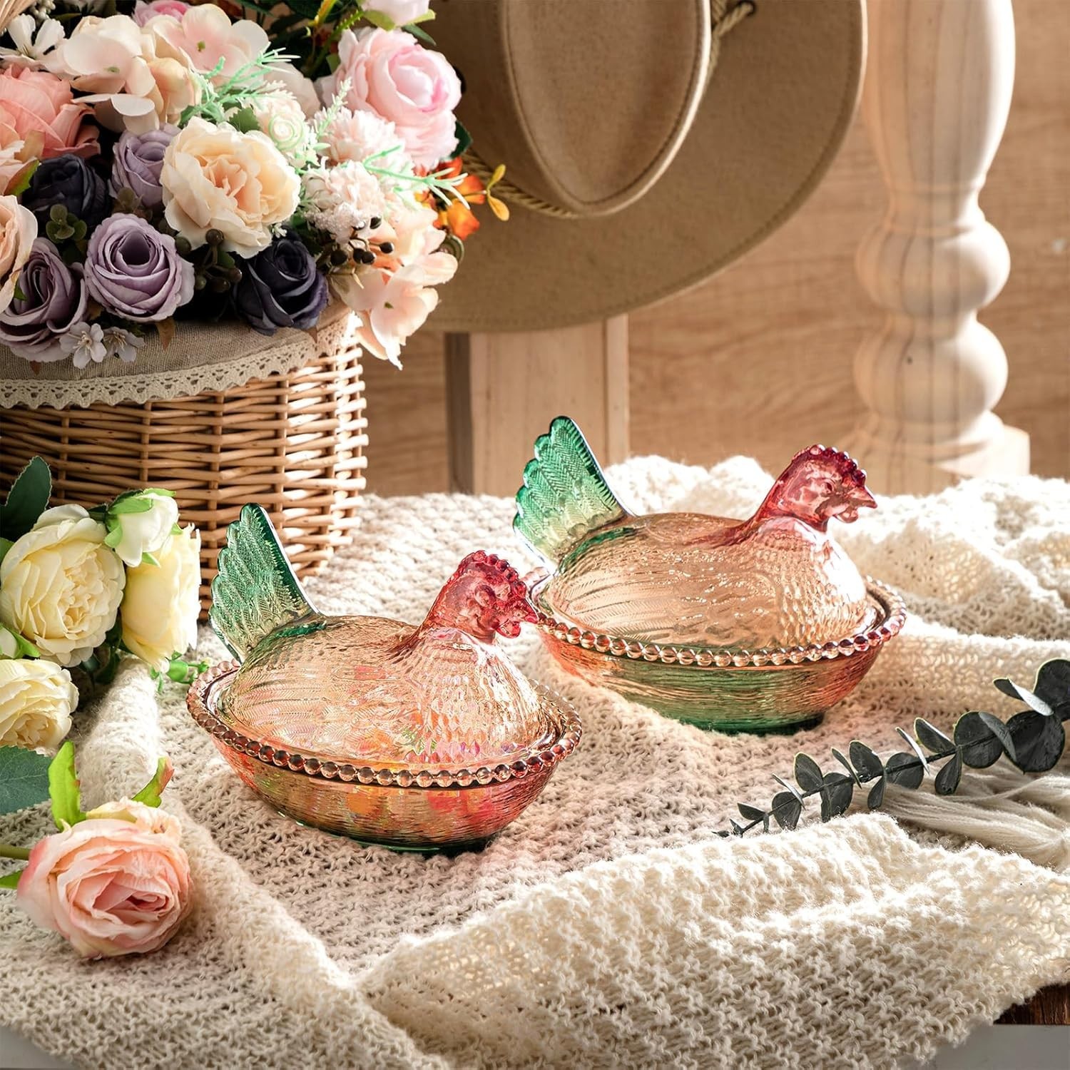 Vintage Style Glass Hen on Nest Candy Dish with Lid Crystal Pedestal Bowl Decor
