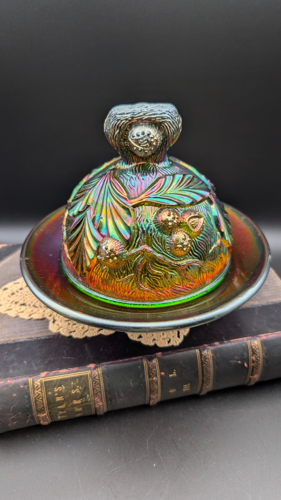 Antique Northwood Acorn Burrs Amethyst Carnival Glass Covered Butter Dish Signed