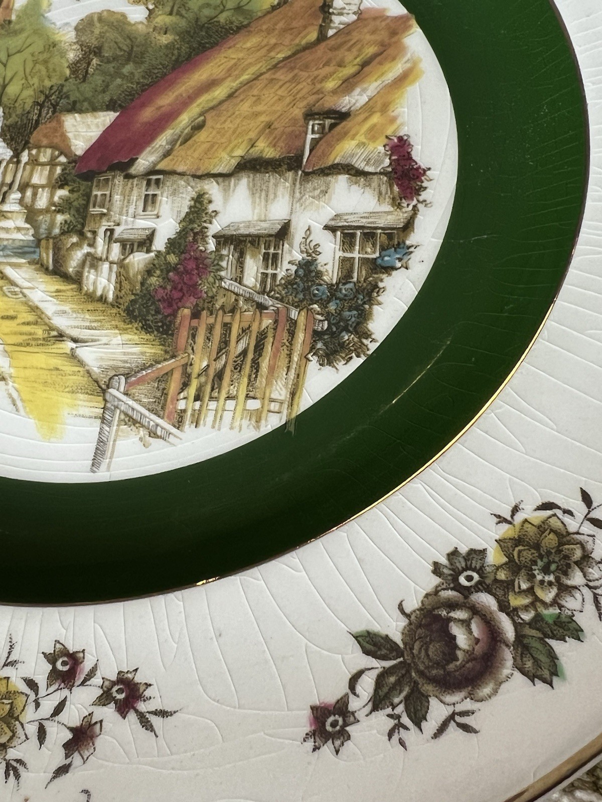 Vintage Woods and Sons Ascot Ironstone Plate: English Village Scene, Gold Trim