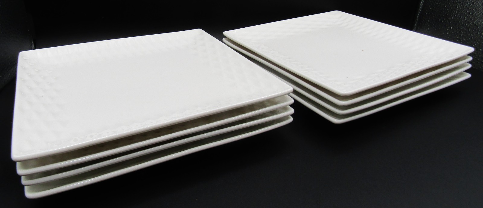 Set of 8 Roscher Basketweave Square Salad Plates 8″ Embossed White Porcelain