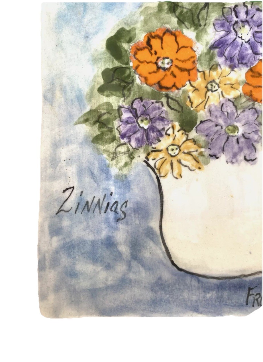 Square Dish Hand Painted Flower/Zinnias Still Life by Lori Ellyn 6-1/2″