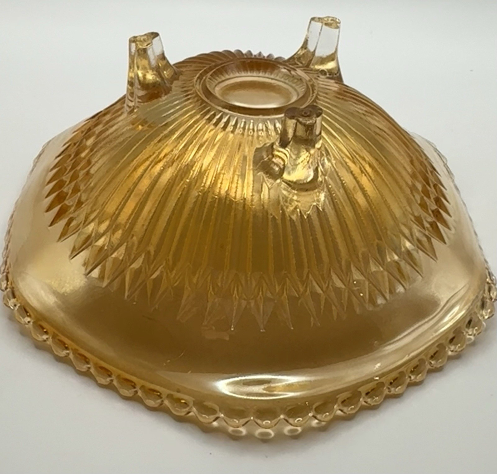 Vintage Carnival Glass Jeanette Glass 3 Footed Marigold ‘Anniversary’ Bowl 6.5”