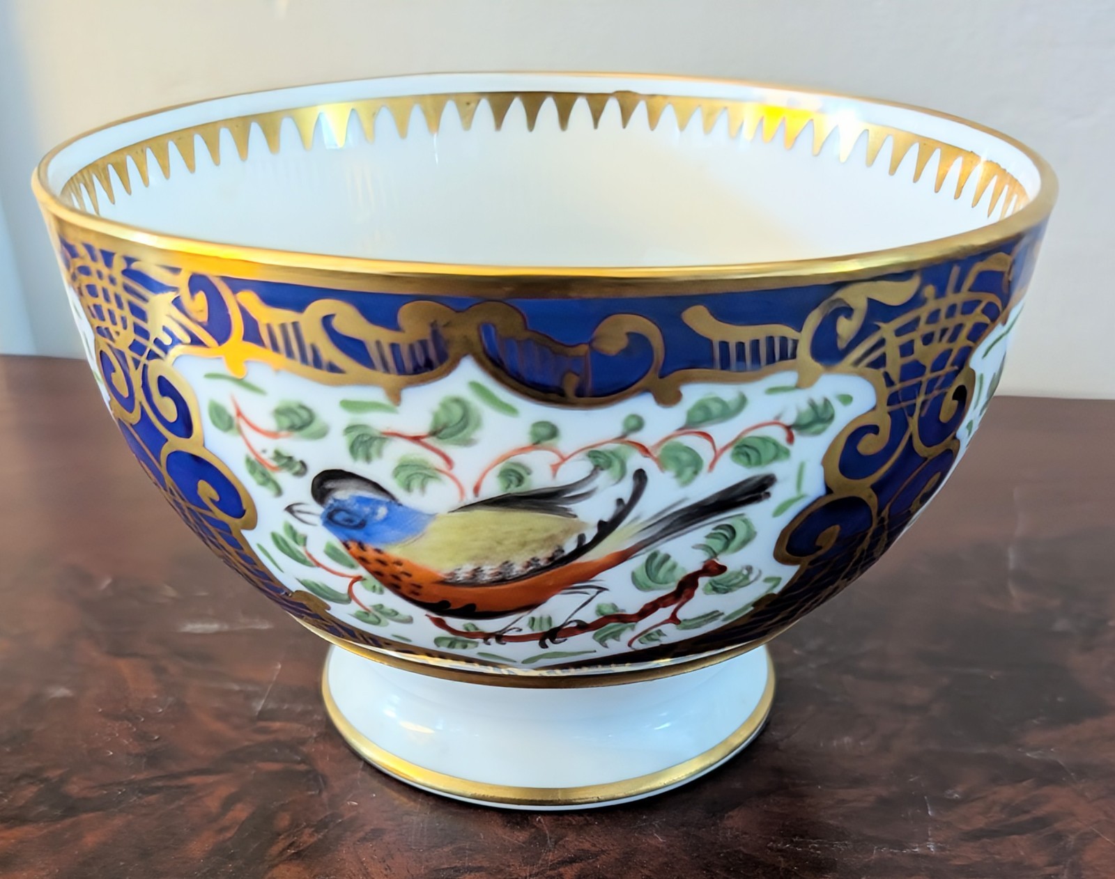 Antique 19th Century Porcelain Blue Ground Exotic Fancy Bird Bowl, Waste Bowl