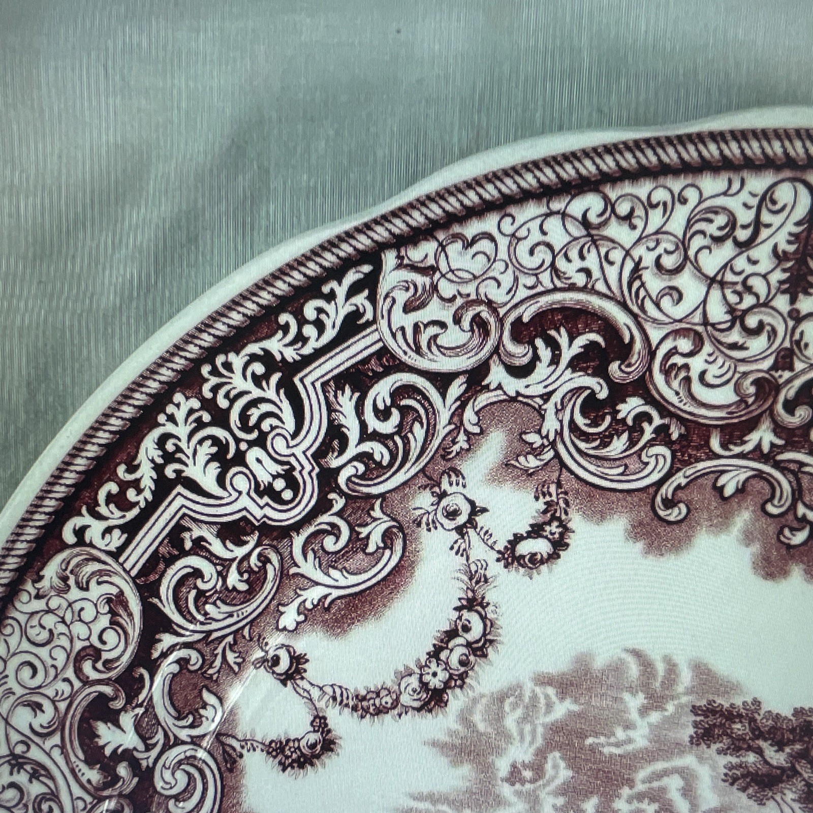 Unmarked Brown & White Scenic Transferware Style Round