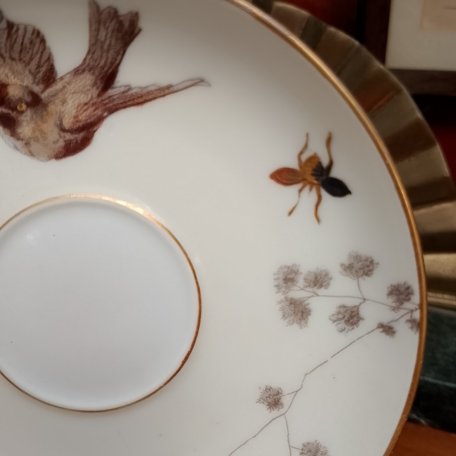 Fischer & Mieg Pirkenhammer Cup Saucer Birds BEES Hand-Painted 1890s C&S HTF