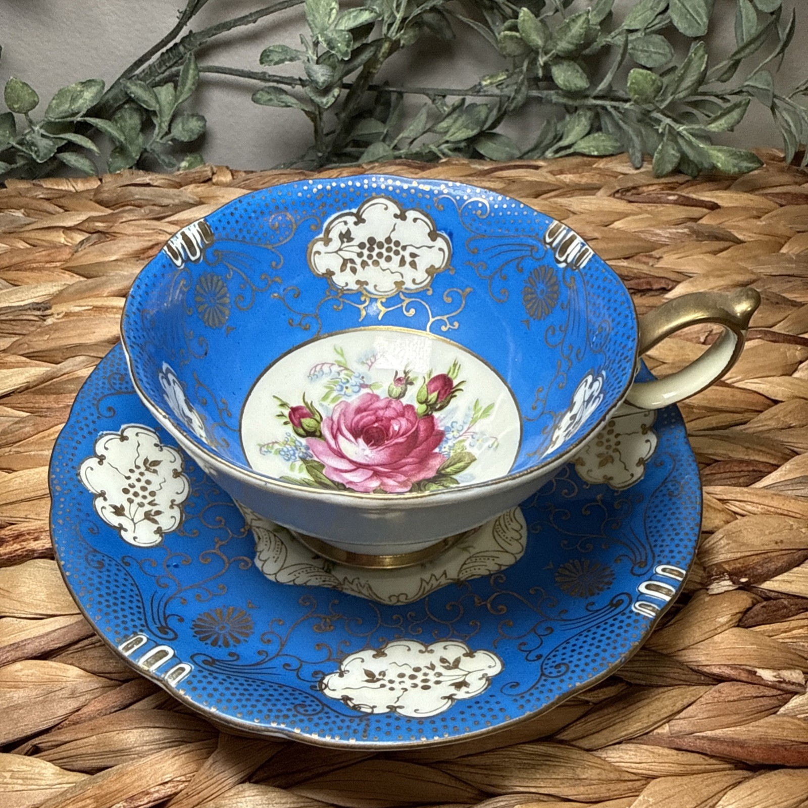 Vintage Hand Painted Japan Cobalt Blue Gold Gilt Tea Cup Saucer Rose Floral