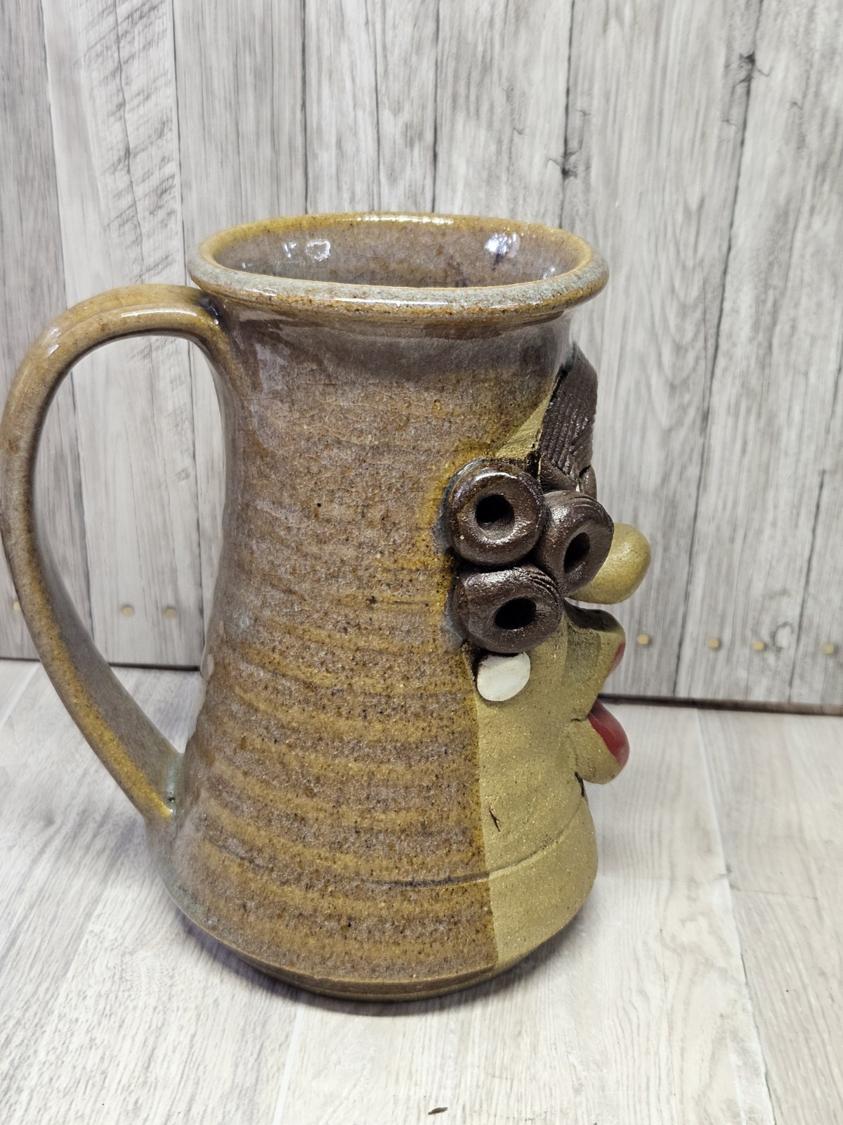 Vtg Mark Hines Studio Pottery Funny Face Mug OOAK Mid 1980s Signed K Ugly Face