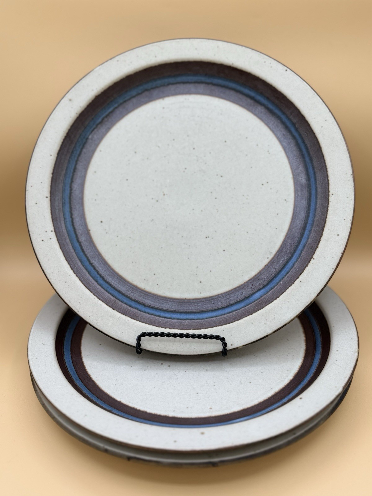 Set of 3 Otagiri Horizon Dinner Plates 10 3/8” Japan Blue Brown Stoneware EUC