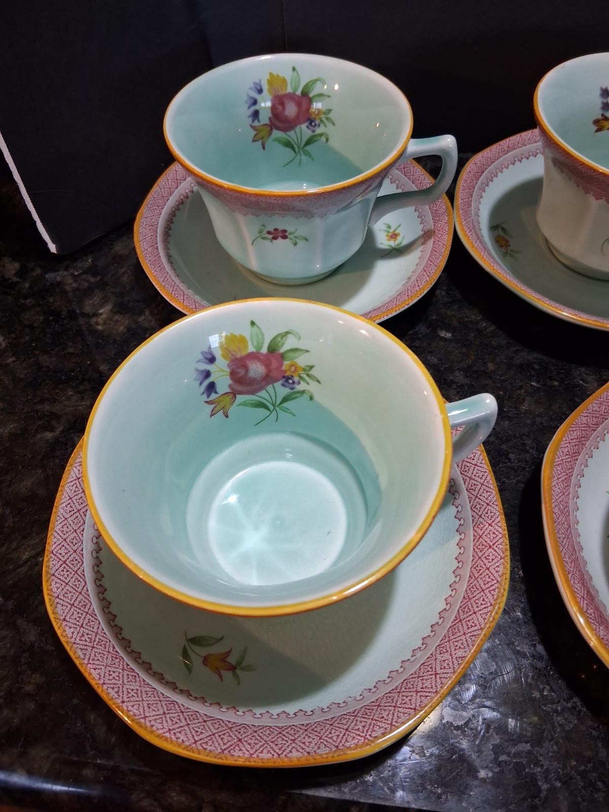 15pc Vntg Adams Calyx Ware Lowestoft Cup & Saucer Set Of 7 + 1 saucer, lt blue