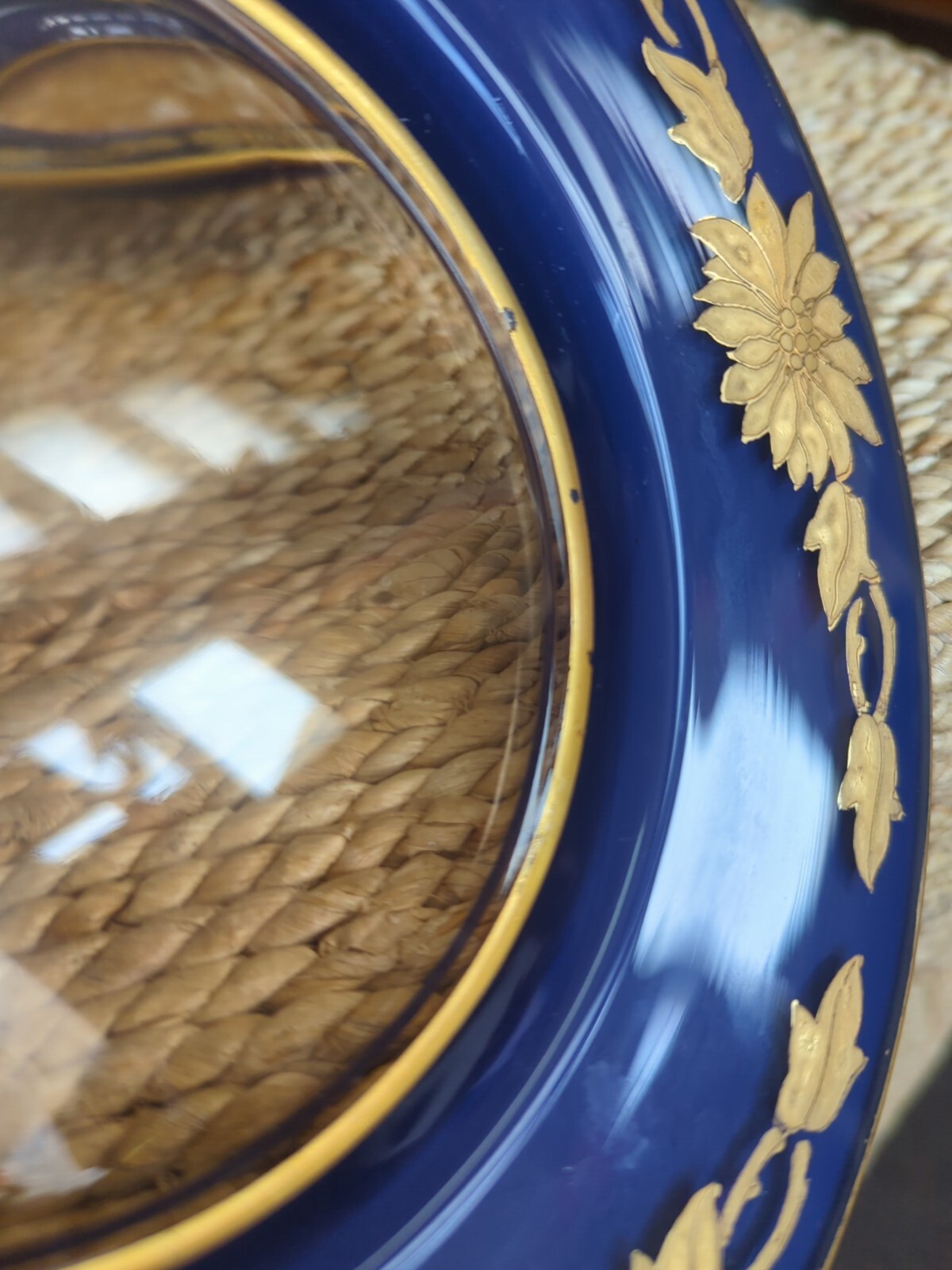 Antique Bohemian Gold Gilt Enameled Colbalt Cased Glass Plates Set 5 Hand Paint