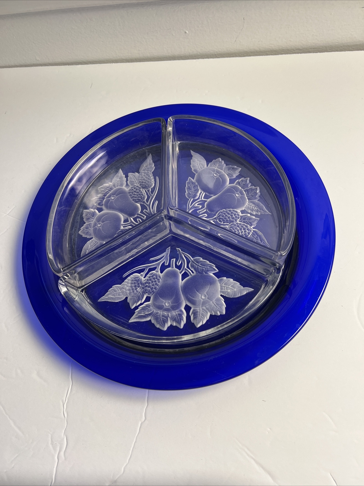 VTG Imperial Glass Intaglio Fruit 3 Part Relish Appetizer Dish Blue Under plate