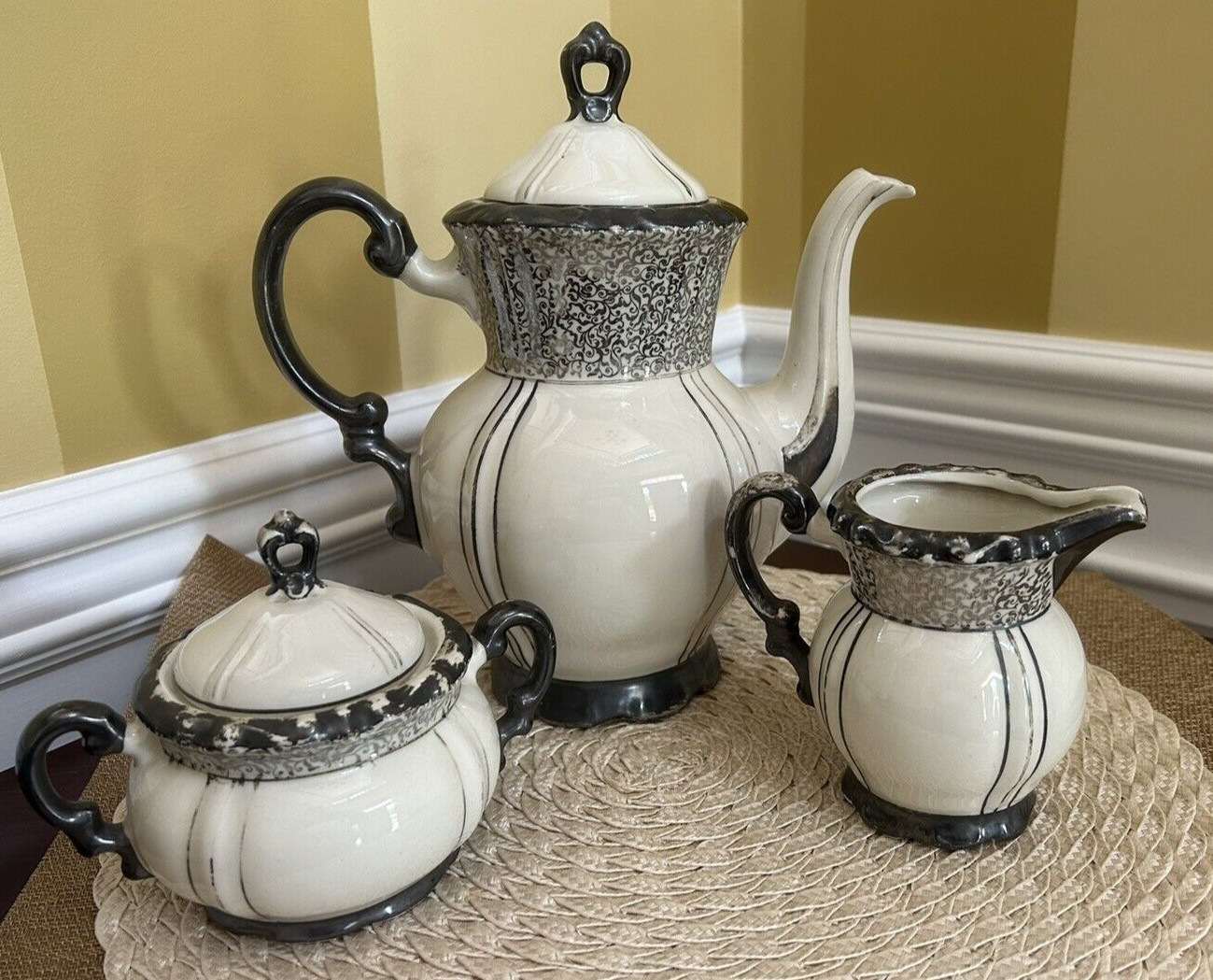 Vintage Mitterteich Bavaria Platinum Lines ,MIT87, Coffee Pot, Creamer & Sugar