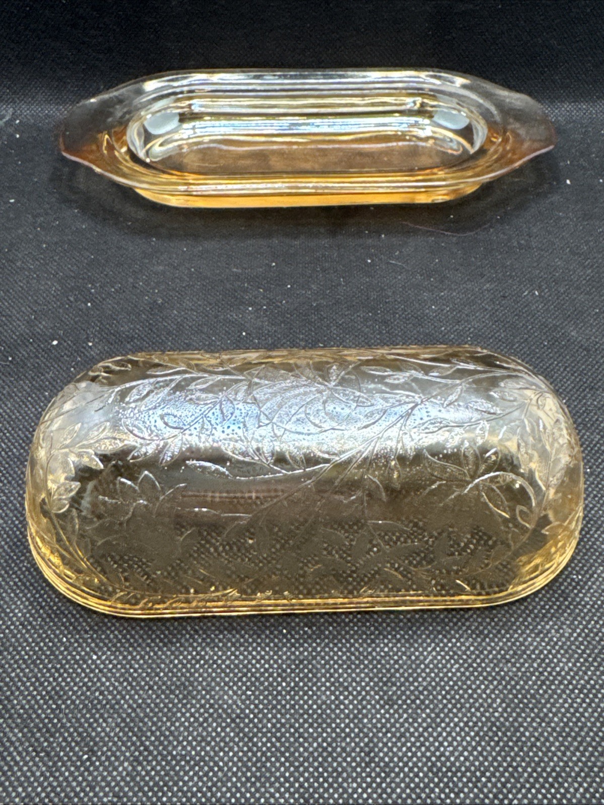 Rare Jeannette Iridescent-Carnival Floragold Louisa Marigold Covered Butter Dish