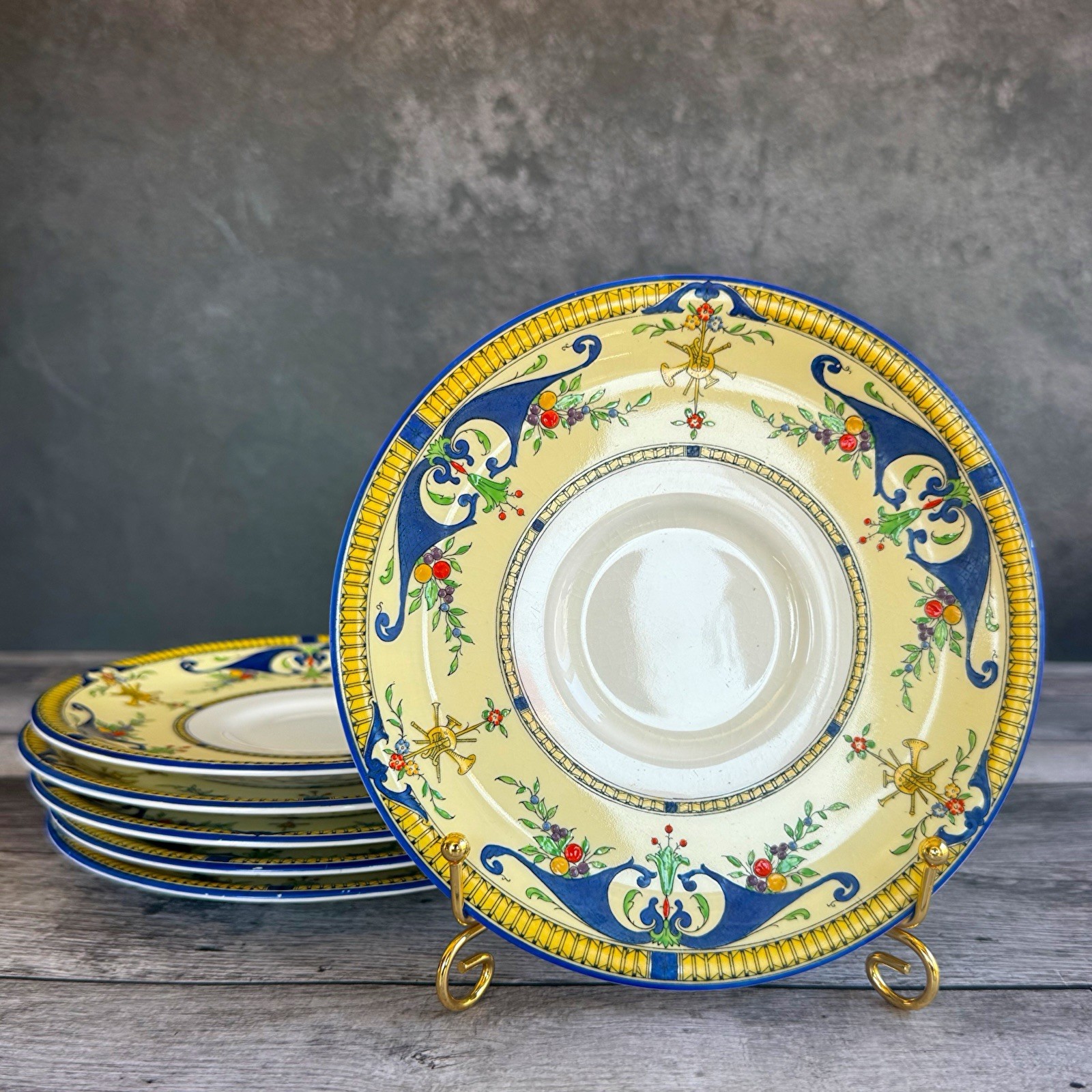 Royal Worcester Bordeaux Set of 6 Saucers England Blue Yellow 6.25”
