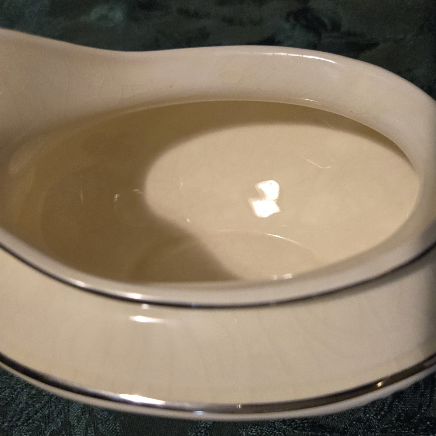 Homer Laughlin Marigold Pattern Gravy Boat with Platinum Trim