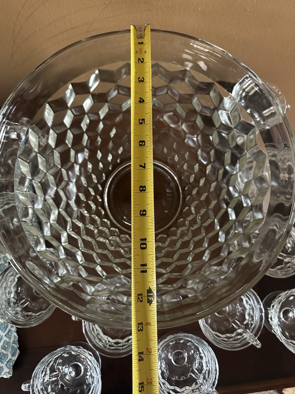Cubist Indiana Clear Glass Punch bowl Set of 12 footed cups whitehall colony VTG