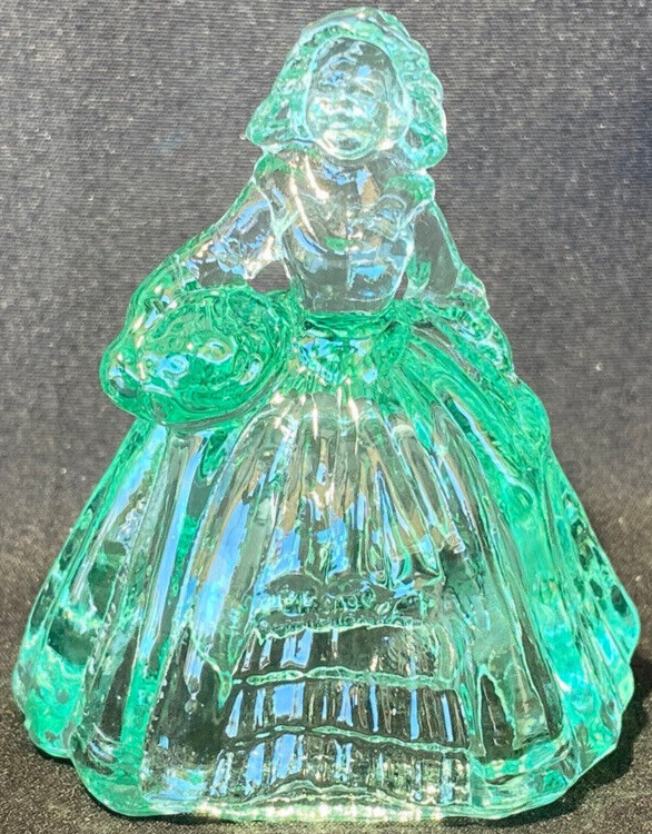 Green Vaseline uranium glass girl doll candy container woman Elizabeth Blue glow