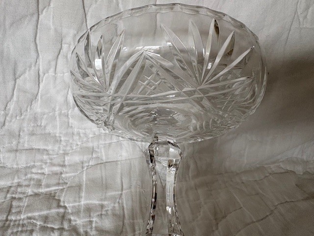 Vintage large crystal candy dish on glass pedestal. Approx 5 1/2 inches