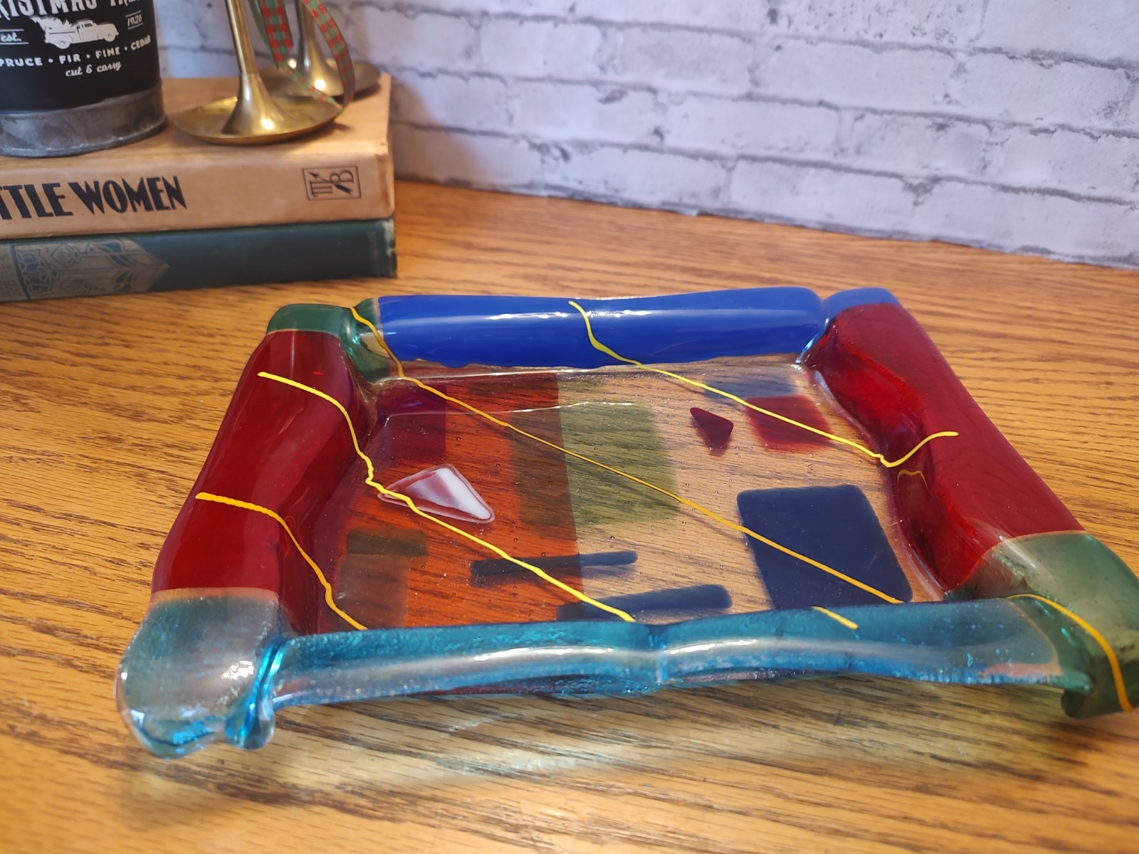 Art Glass Tray Aqua Green, Blue, Red Gold / Yellow Lines