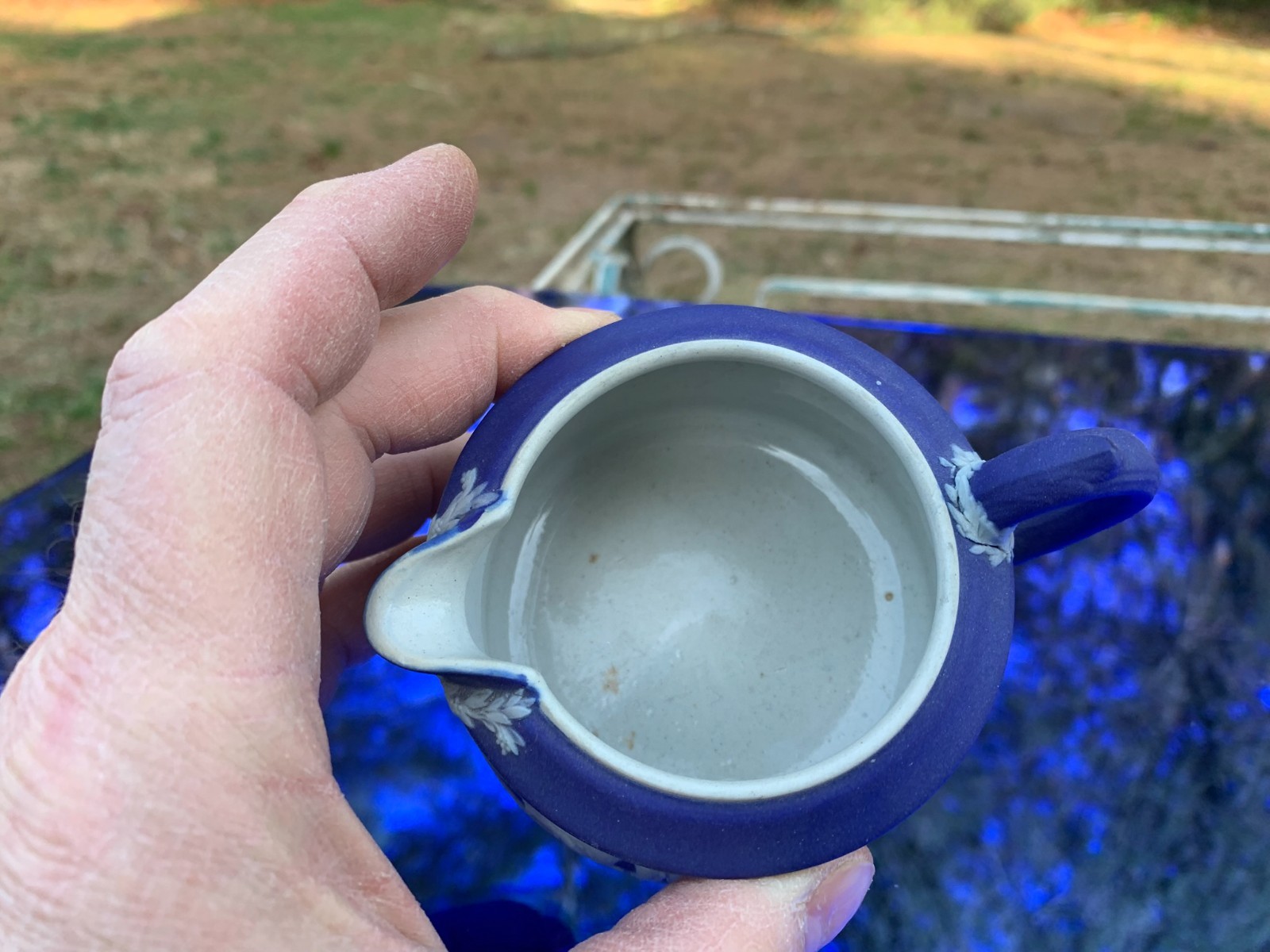 Wedgwood Jasperware Cobalt Blue Creamer 2 1/8″ Tall Made in England Circa 1900