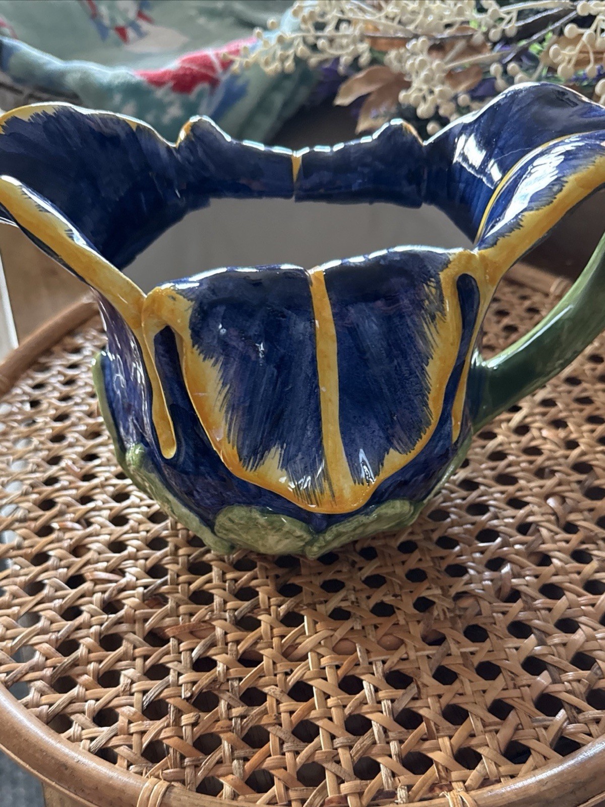 VTG ITALIAN HANDMADE POTTERY IRIS PITCHER MAJOLICA STYLE COBALT BLUE YELLOW