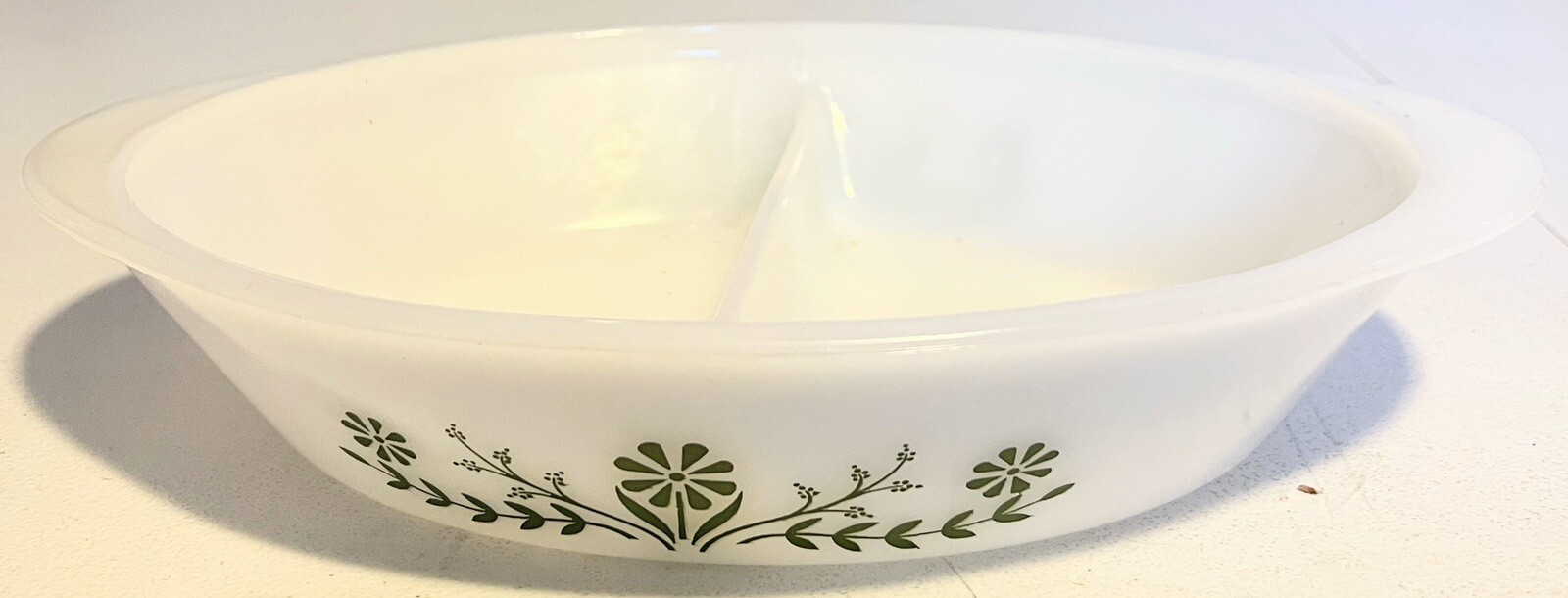 Vintage Glasbake Divided Dish~White w Green Flowers~Daisy~J-2352-Milk Glass