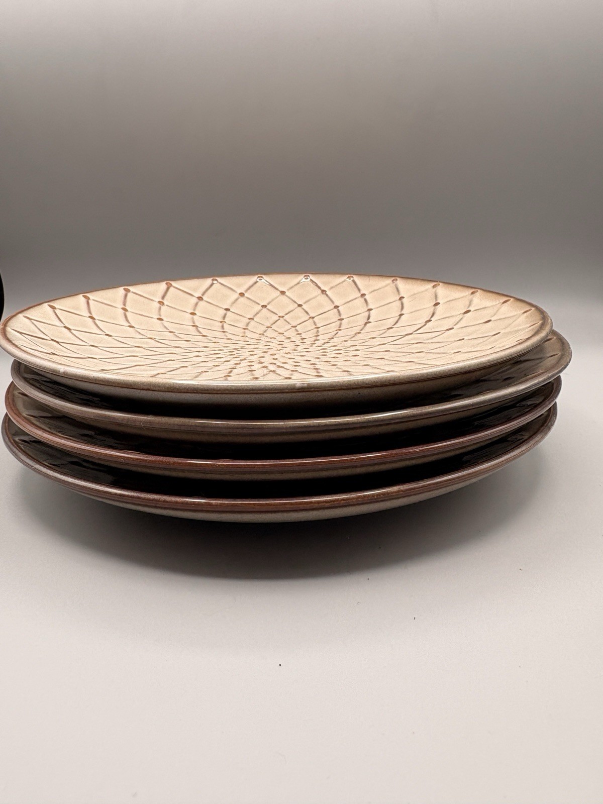 Pier 1 Stoneware Salad Plates Beige Brown Geo Embossed 8.5″ Lot Of 4