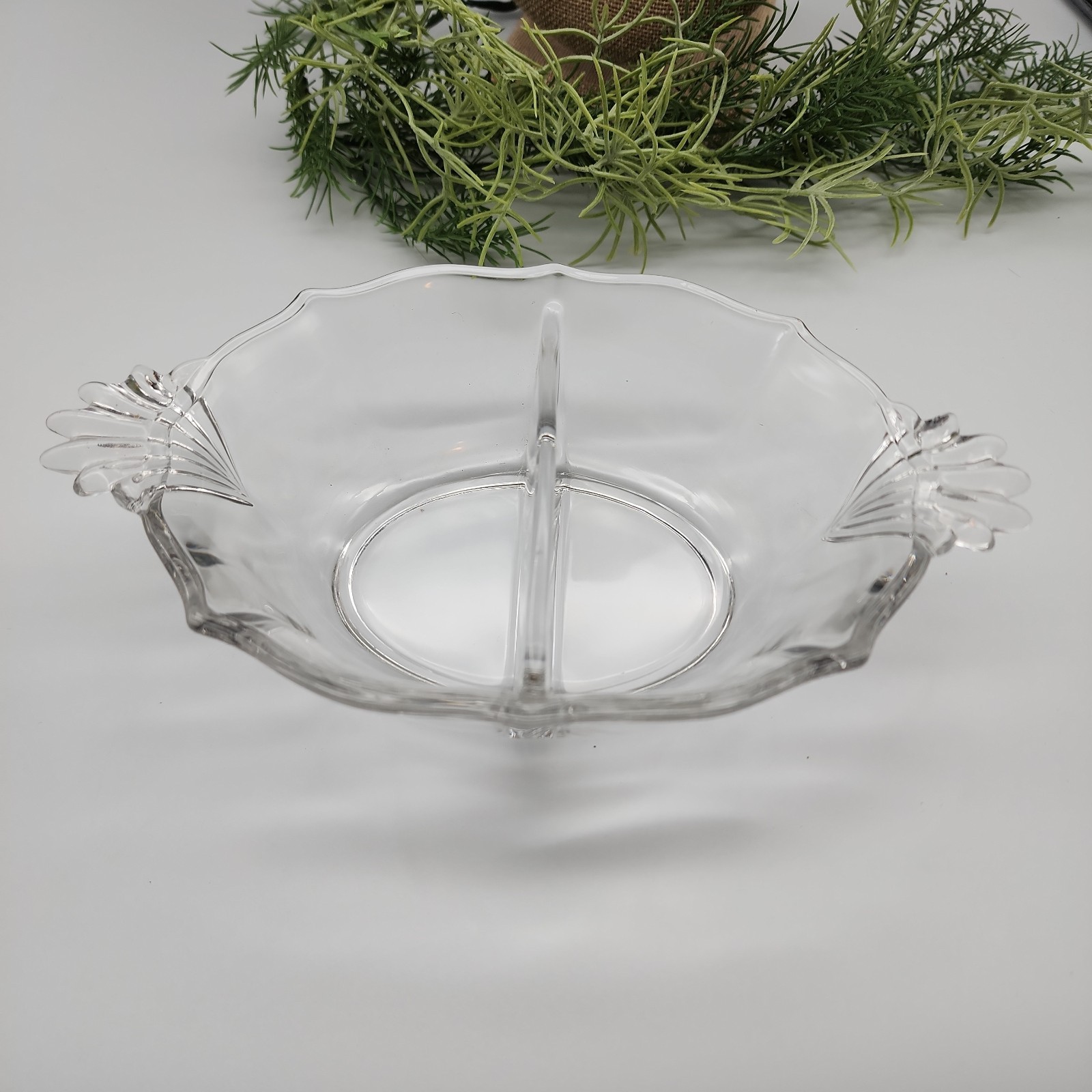 Vintage Clear Glass Divided Relish Dish Fan Handles Mid-Century Serving Bowl