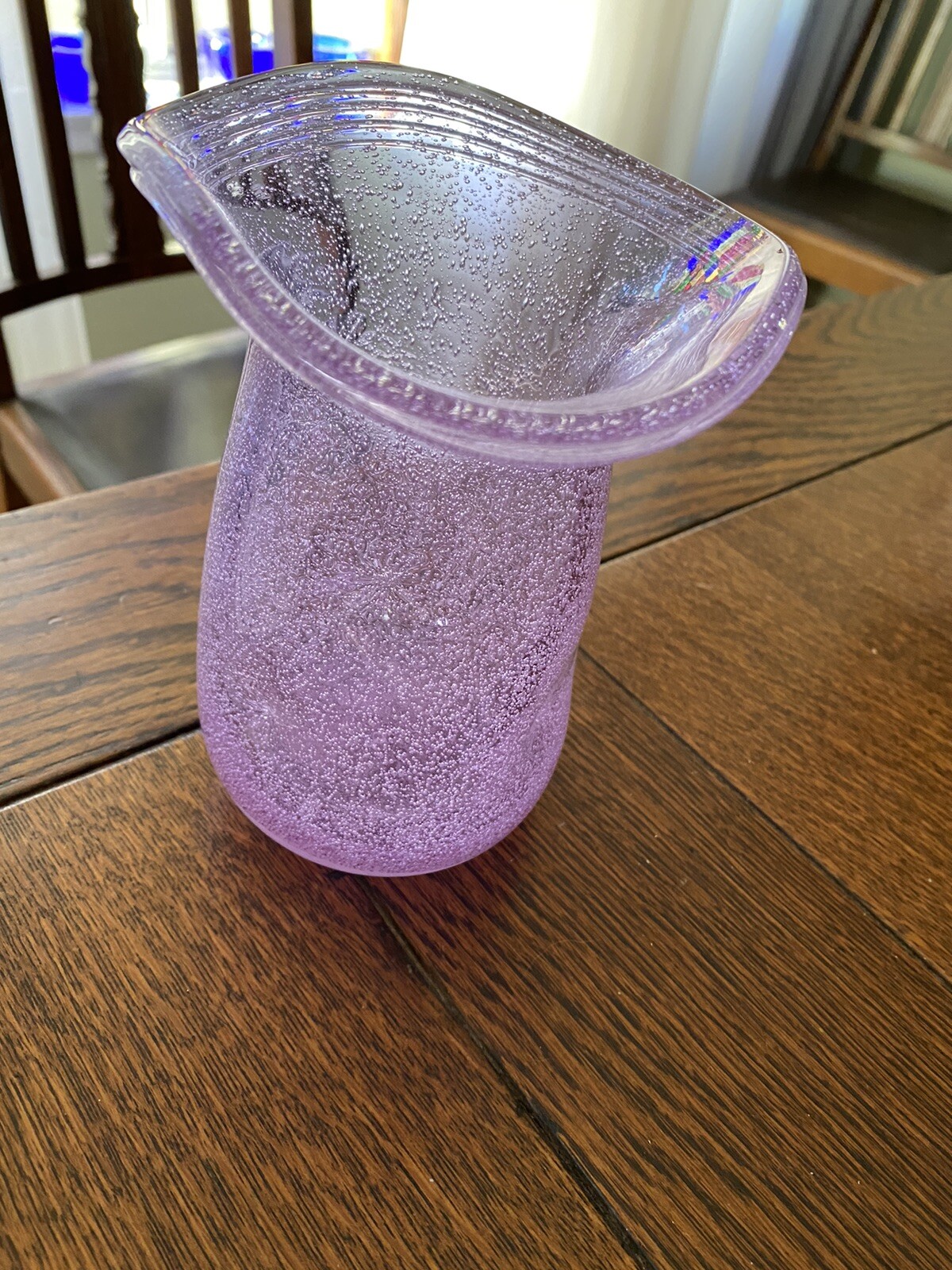 Hand Blown 6” Alexandrite Bubble Glass Vase Pinched Sides Flared Threaded Rim