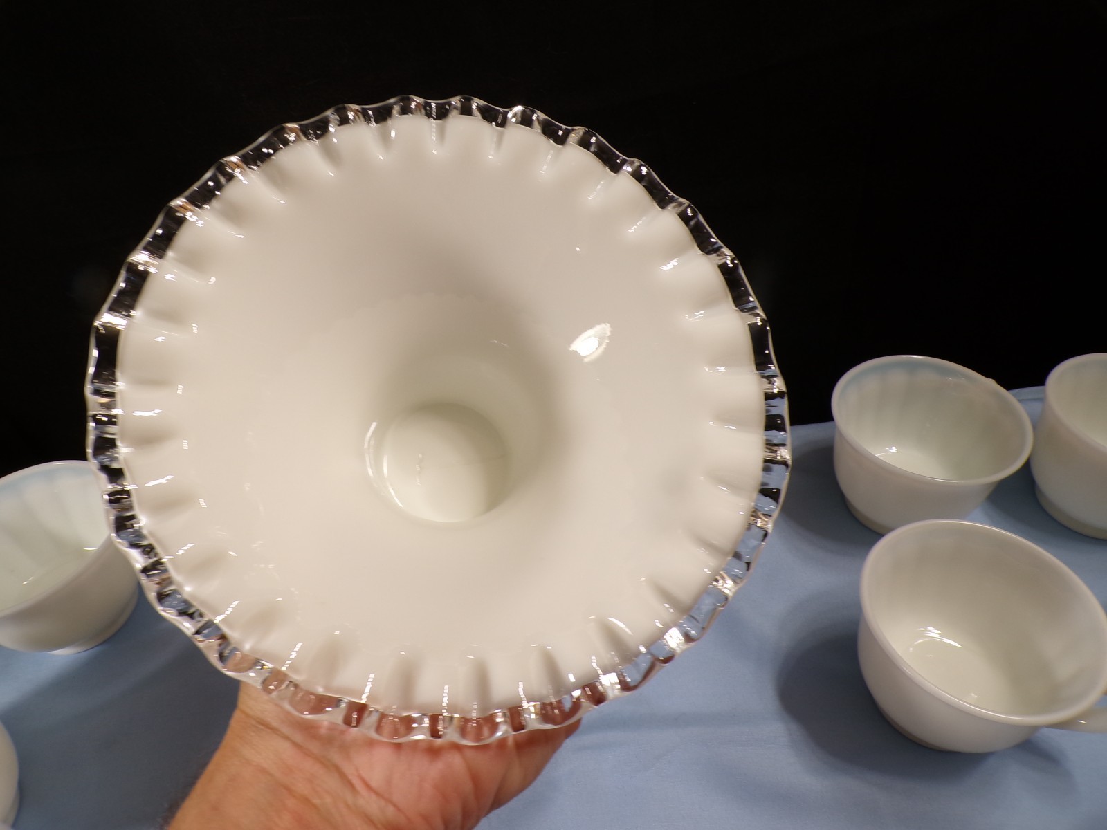 Very Large Fenton Milk Glass Silver Crest Punch Bowl Set w/ Stand & 12 Cups