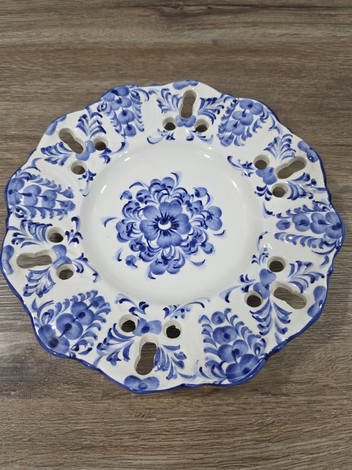 Vintage Vestal Portugal Reticulated Blue & White Decorative Wall Plate 9”