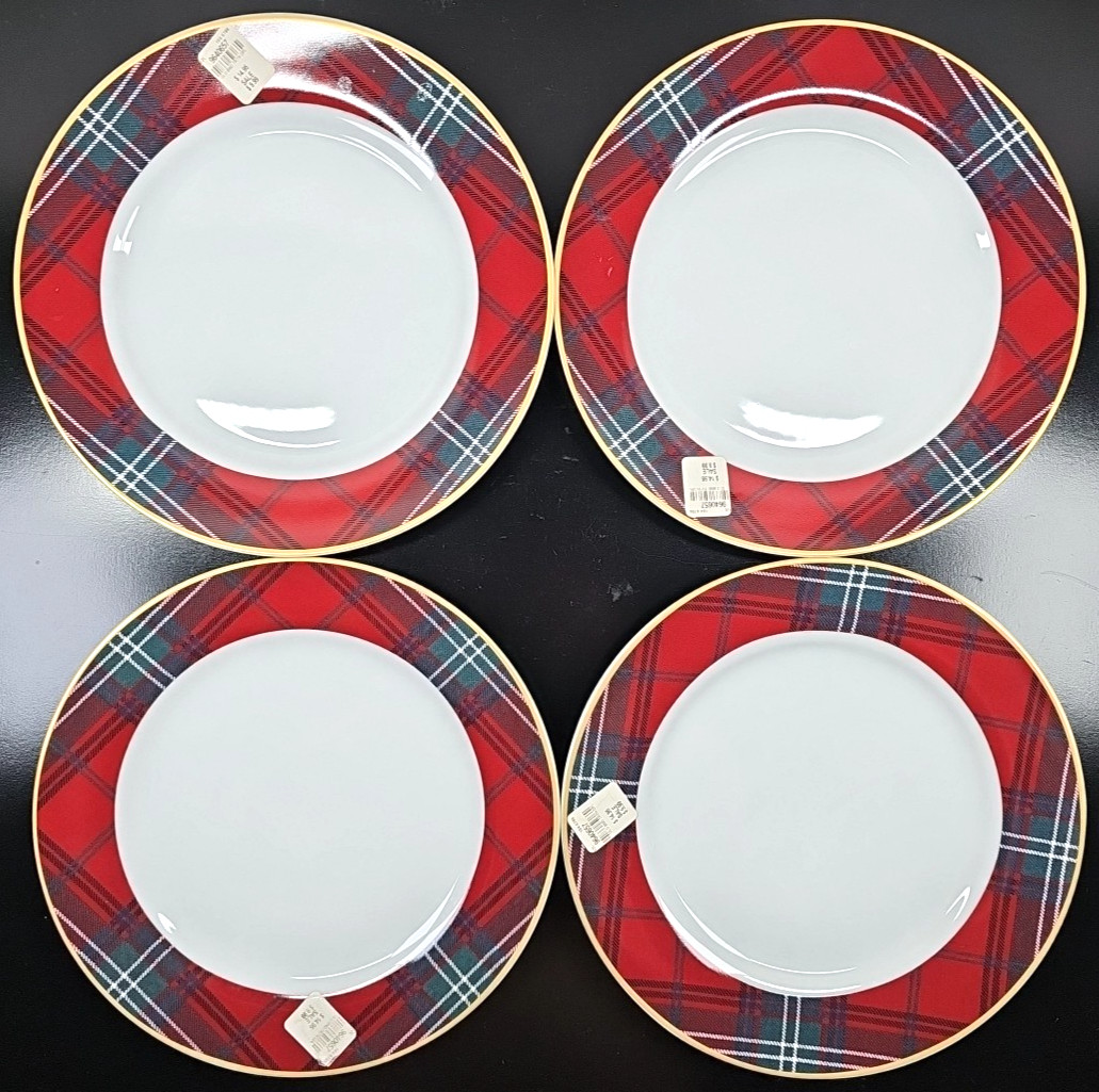 4) Williams Sonoma Gold Banded Tartan Dinner Plates Set Plaid Serving Dishes Lot
