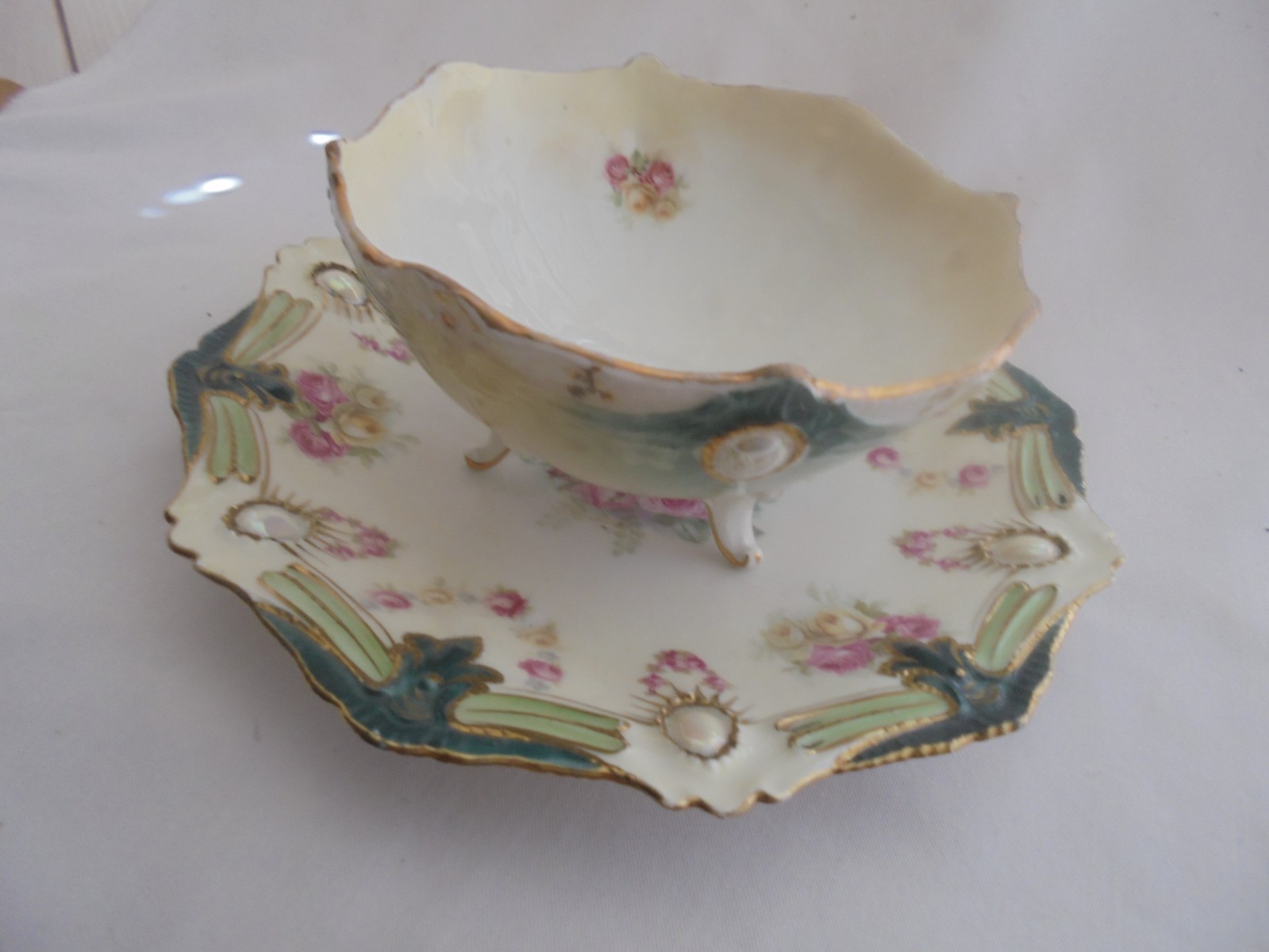 R.S. Prussia Red Mark Footed Gravy Boat With Matching Under Plate