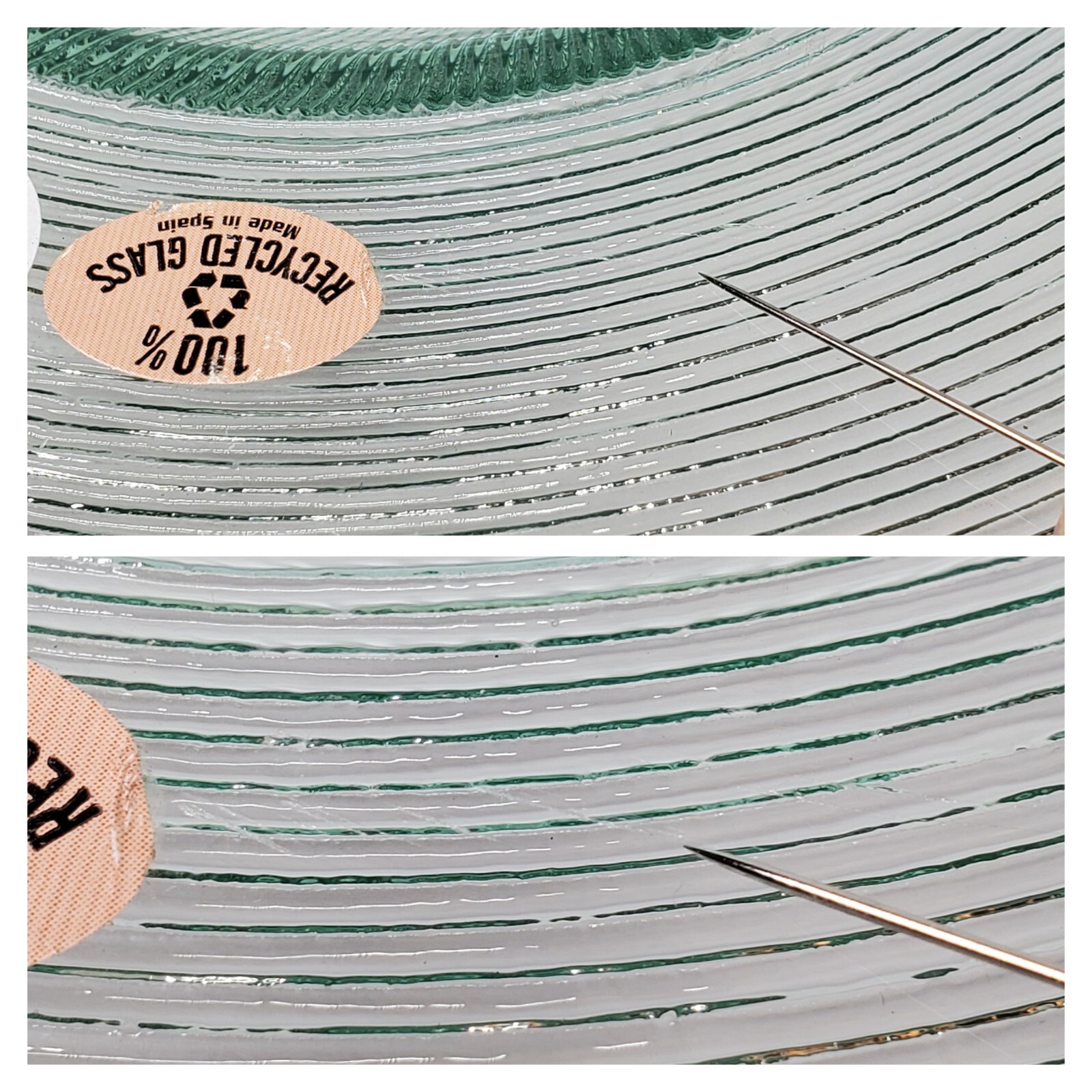 4 Recycled Spanish Glass Dinner Plates 10″ Set Wide Rim Clear Green Textured NOS