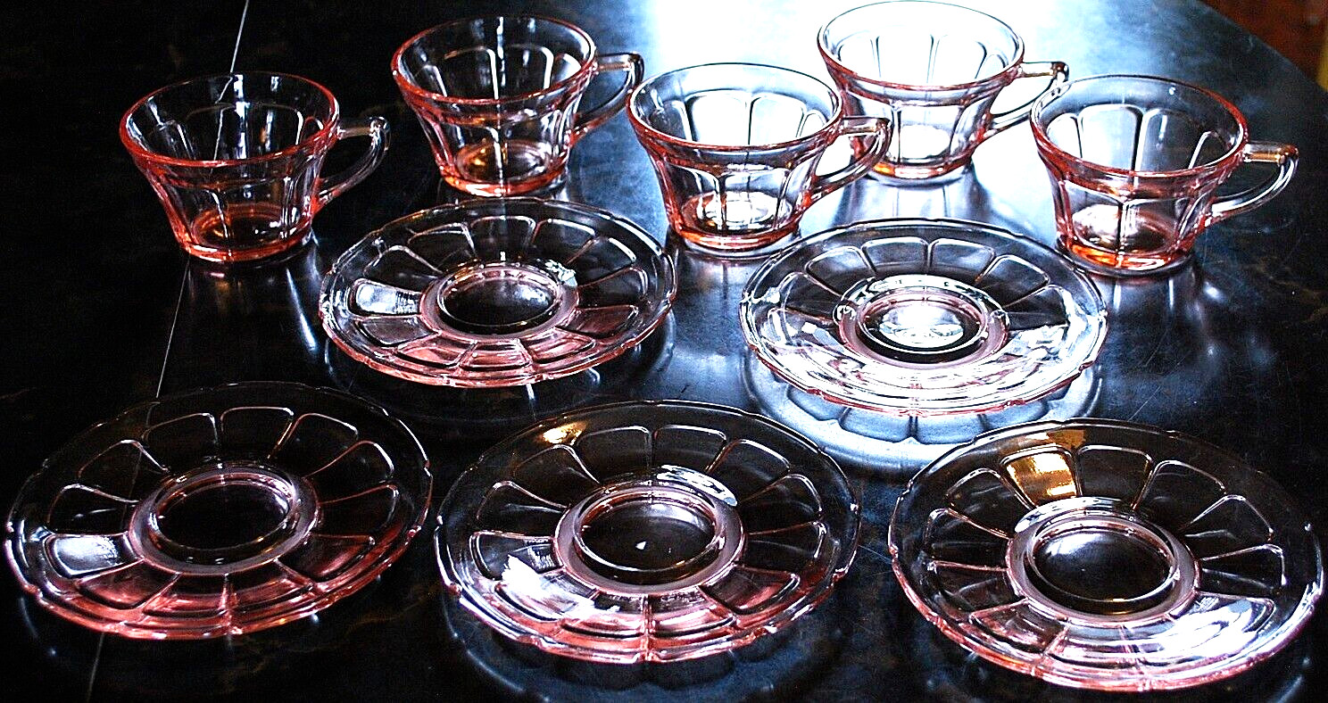 Vtg Set 5 ‘VICTORY’ PINK DEPRESSION GLASS Cups/Matching Saucers c1930 By Diamond