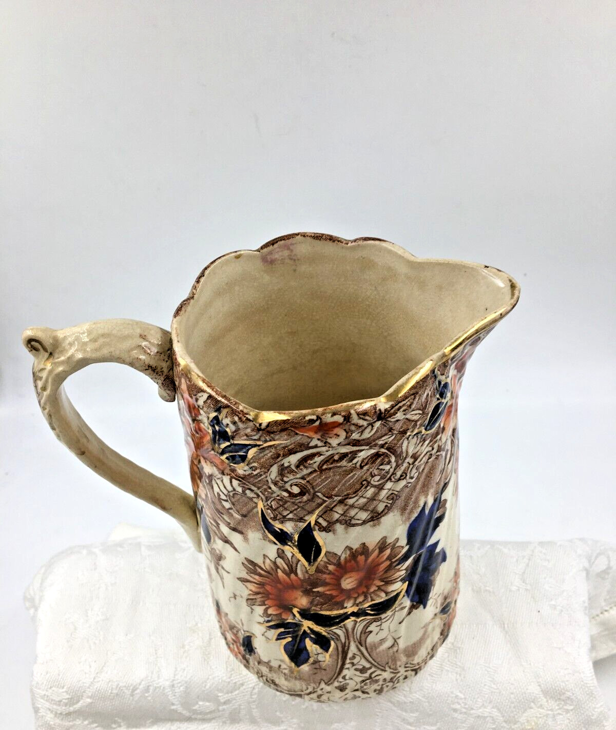 Vintage/Antique Pitcher Rust & Orange Flowers Cobalt Blue Leaves Gold Unbranded