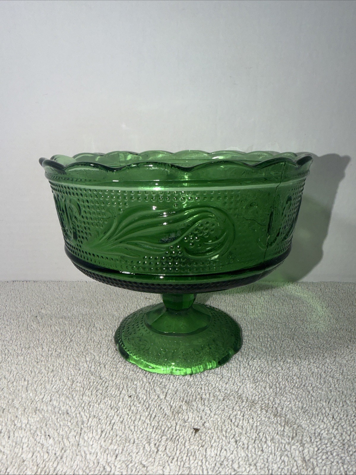 Green Pressed Glass Floral Compote Pedestal Bowl, E.O BRODY CO. M6000 Cleveland