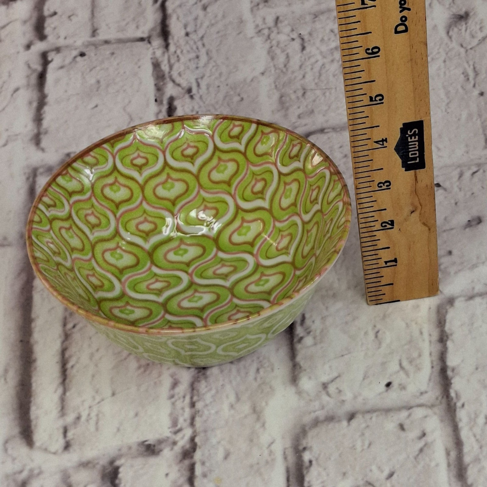 Vintage Yokohama Studio Bowls Green & White Geometric Pattern 5.5″ Made In Japan