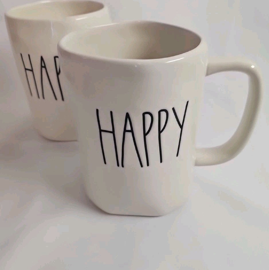 Rae Dunn “HAPPY” Set of 2 Coffee Mugs Tea Cups 16oz appx. By Magenta EUC