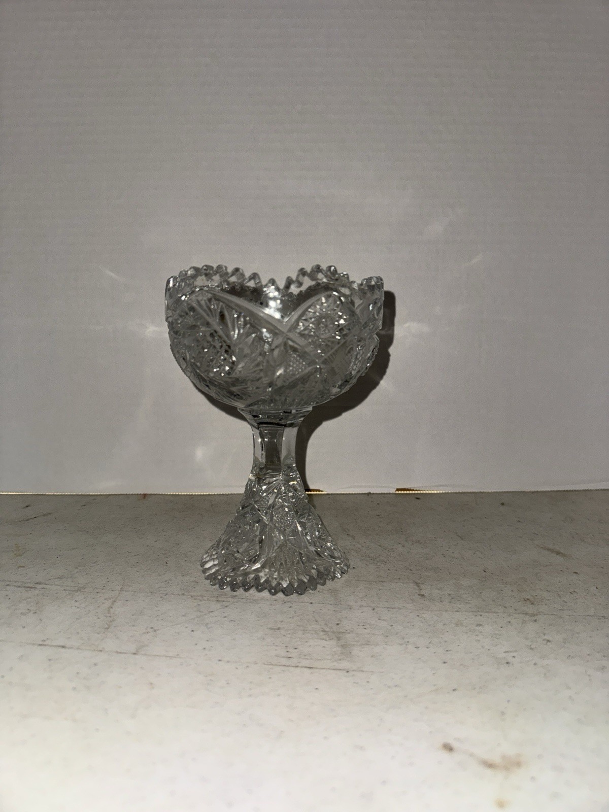 Vintage Cut Glass Pedestal Compote Candy Dish Sawtooth Rim Star Pattern